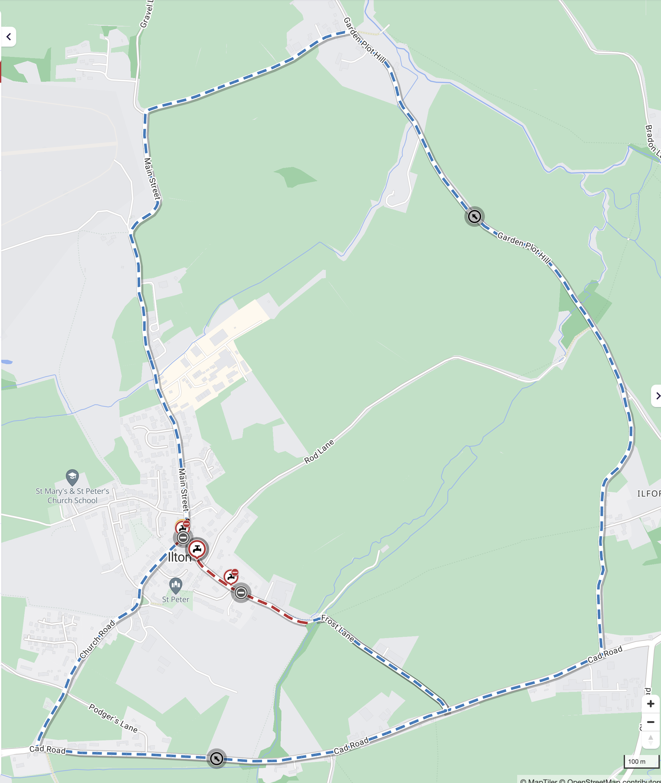 Map of roads being closed - Frost Lane and Main Street Ilton